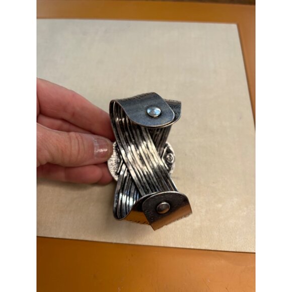 Vintage Silver-Tone Wide Cuff Bracelet With Oval Red Stone Accent & Etched Desig - Picture 11 of 16